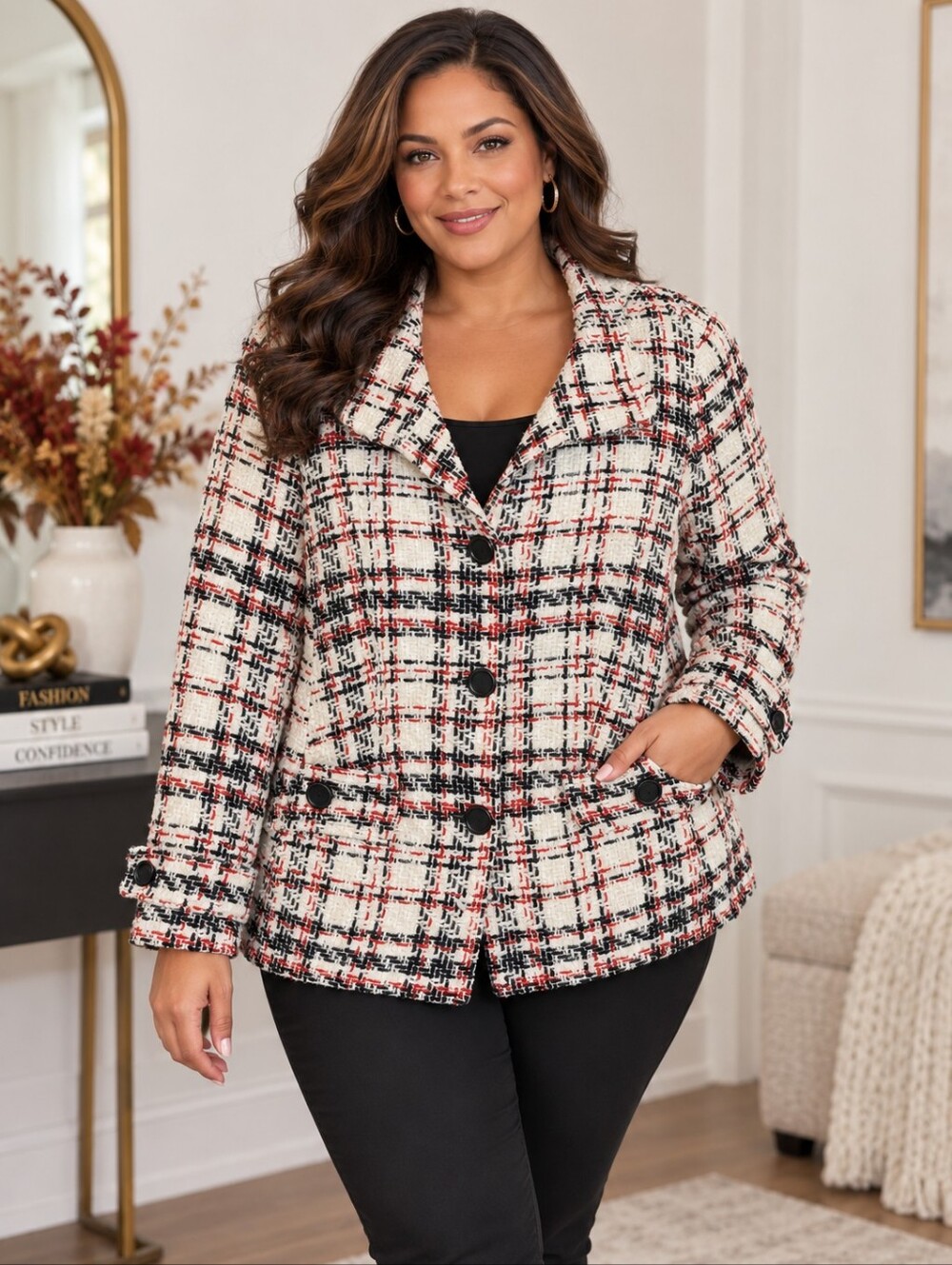 A210. Talbots Wool-Blend Plaid Tweed Blazer Cream & Black 16 Petite Like New